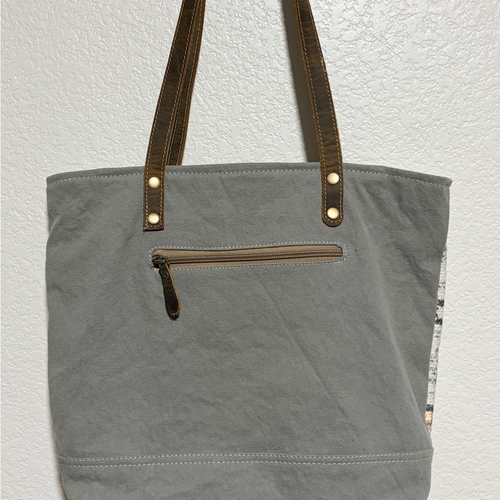 MYRA Western Woven Pattern Canvas Tote with Brown Leather Trim Excellent - Picture 2 of 8